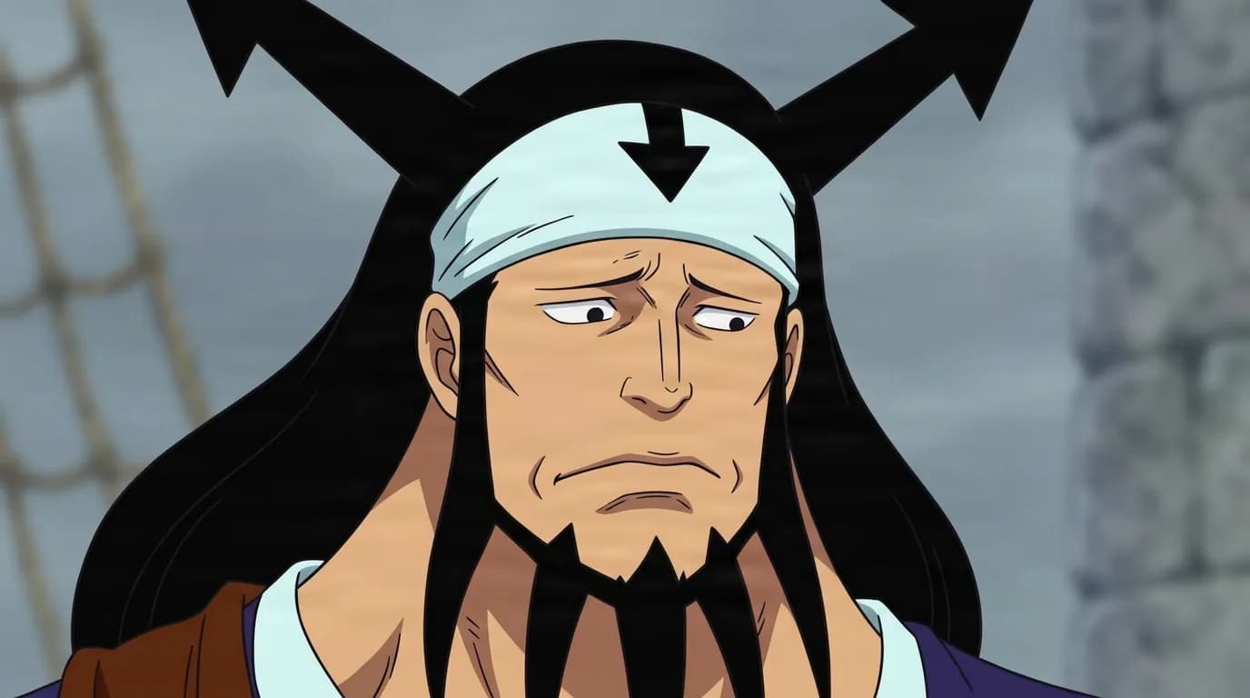 Brew from One Piece in a close-framed cel-shaded anime scene with a detailed environment