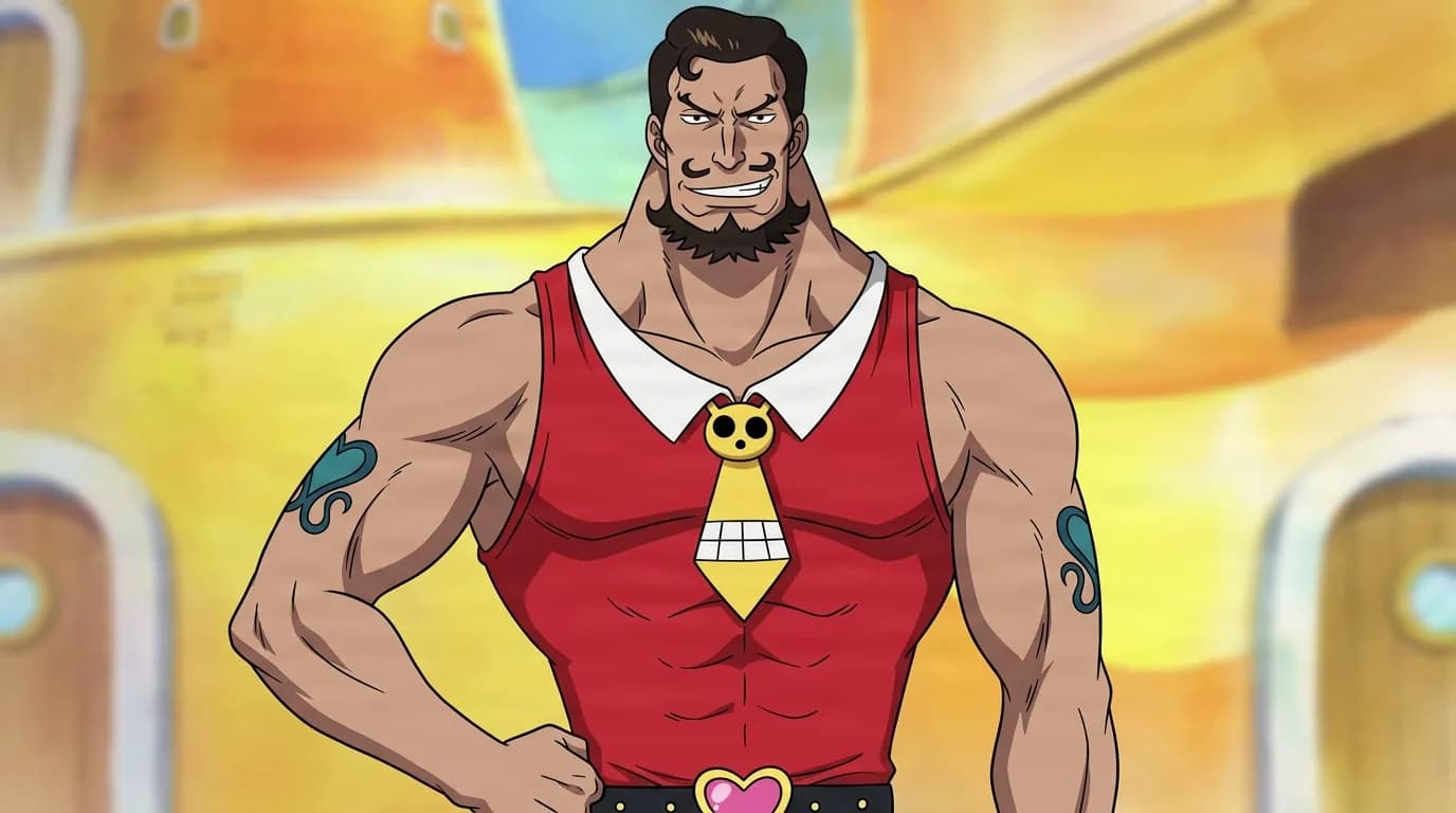Brindo from One Piece in a close-framed cel-shaded anime scene with a detailed environment
