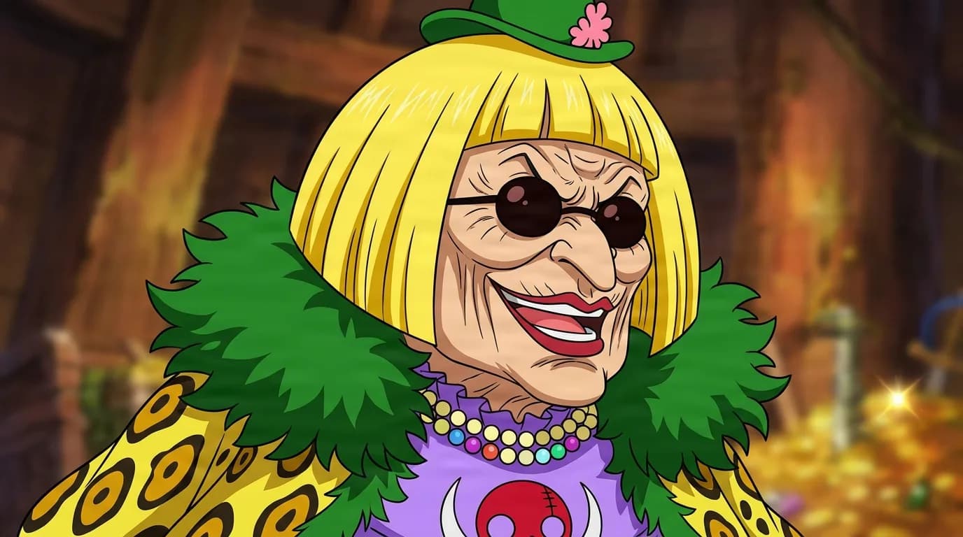 Buckingham Stussy from One Piece in a close-framed cel-shaded anime scene with a detailed environment