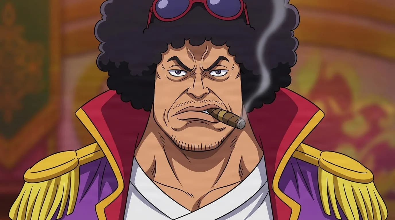 Buena Festa from One Piece in a close-framed cel-shaded anime scene with a detailed environment
