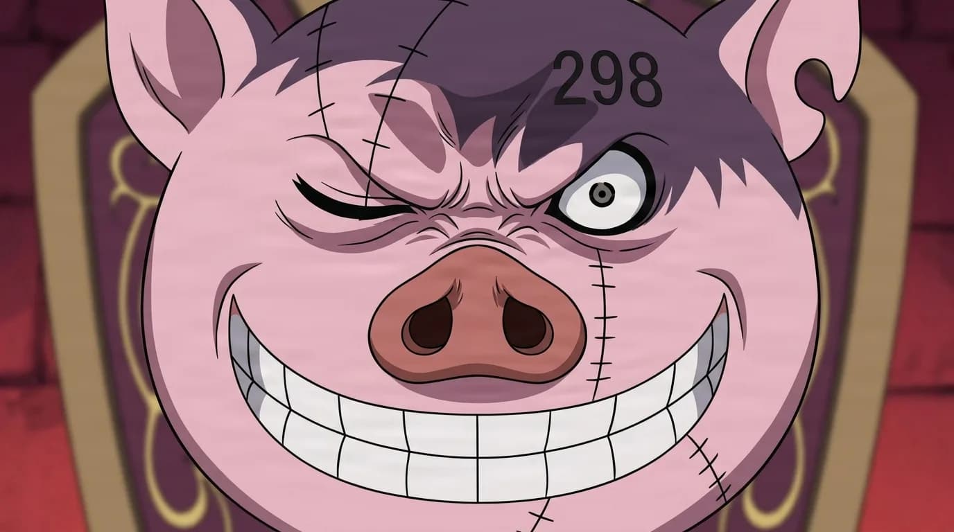 『ONE PIECE』のキャラクター、ブヒチャック。細部まで描き込まれた背景を伴う、クローズアップのセル画調アニメシーンとして描かれている。