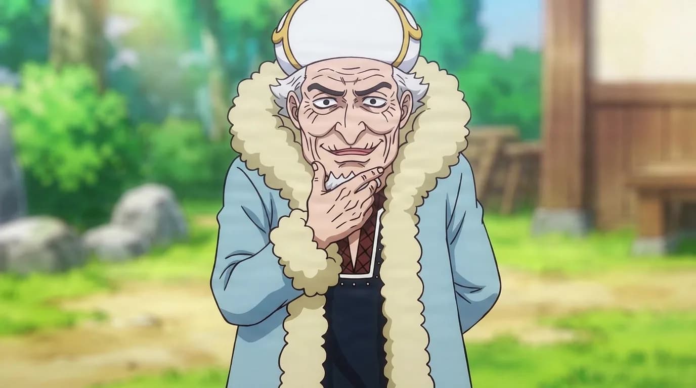 『ONE PIECE』のキャラクター、ブルドッグ。細部まで描き込まれた背景を伴う、クローズアップのセル画調アニメシーンとして描かれている。