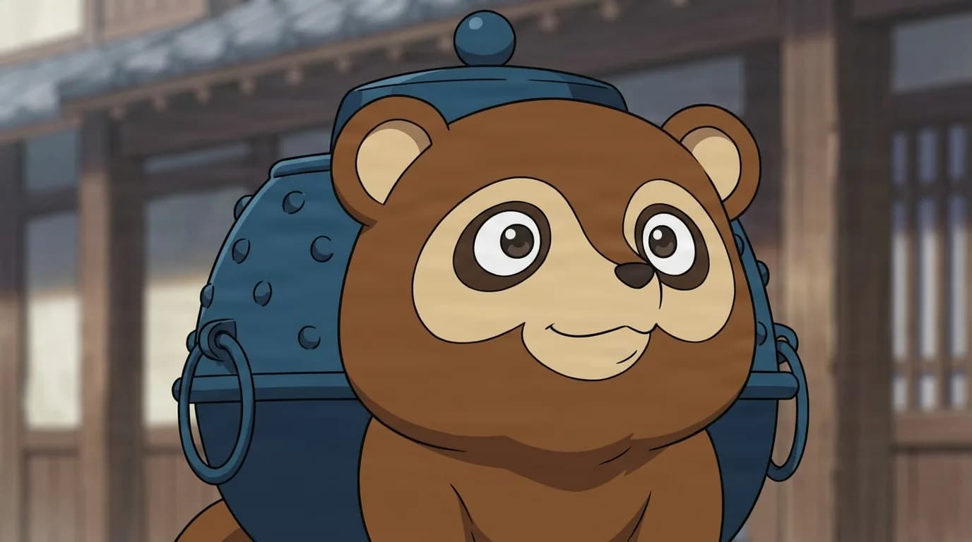 Bunbuku from One Piece in a close-framed cel-shaded anime scene with a detailed environment