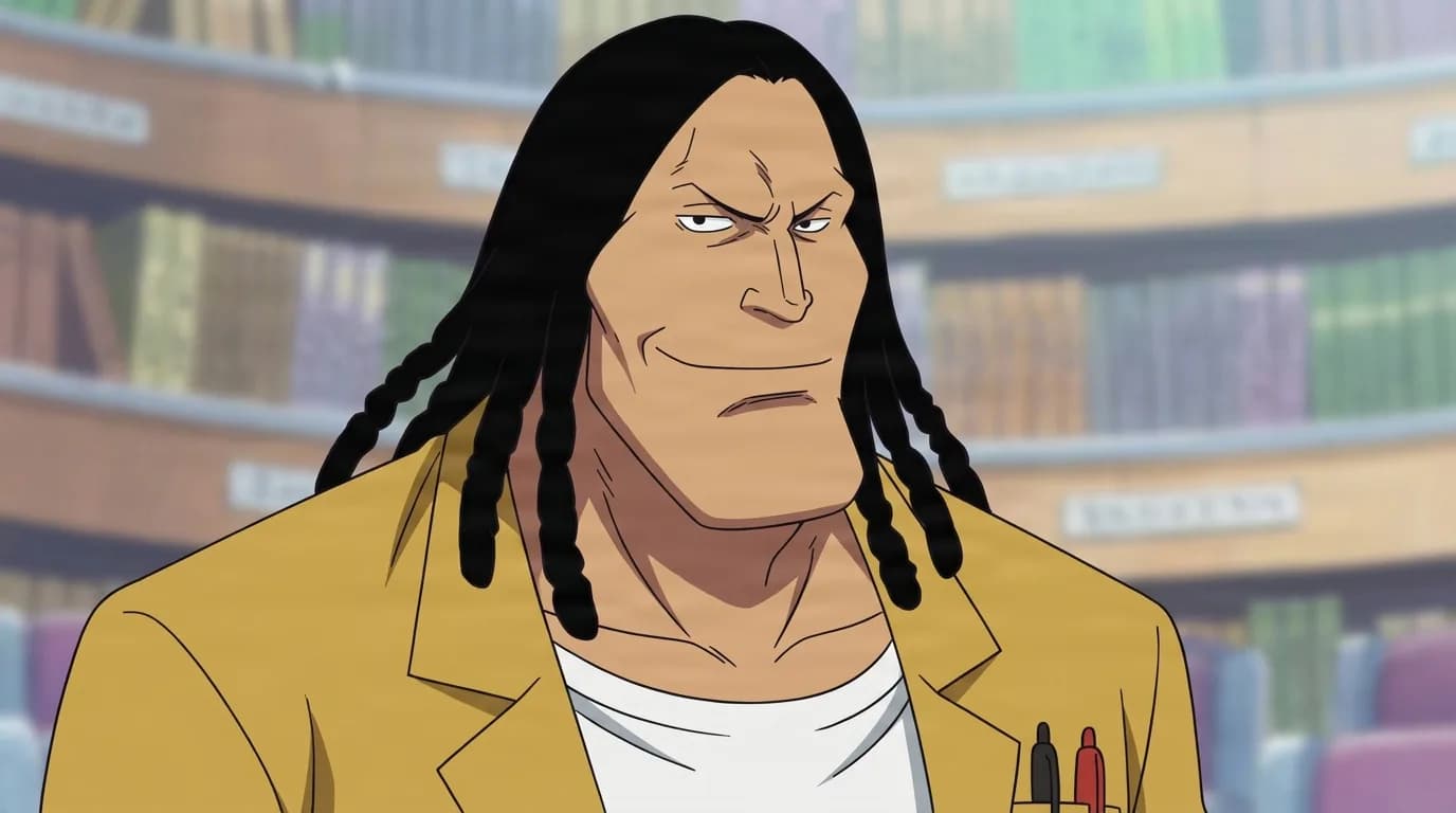 Busshiri from One Piece in a close-framed cel-shaded anime scene with a detailed environment