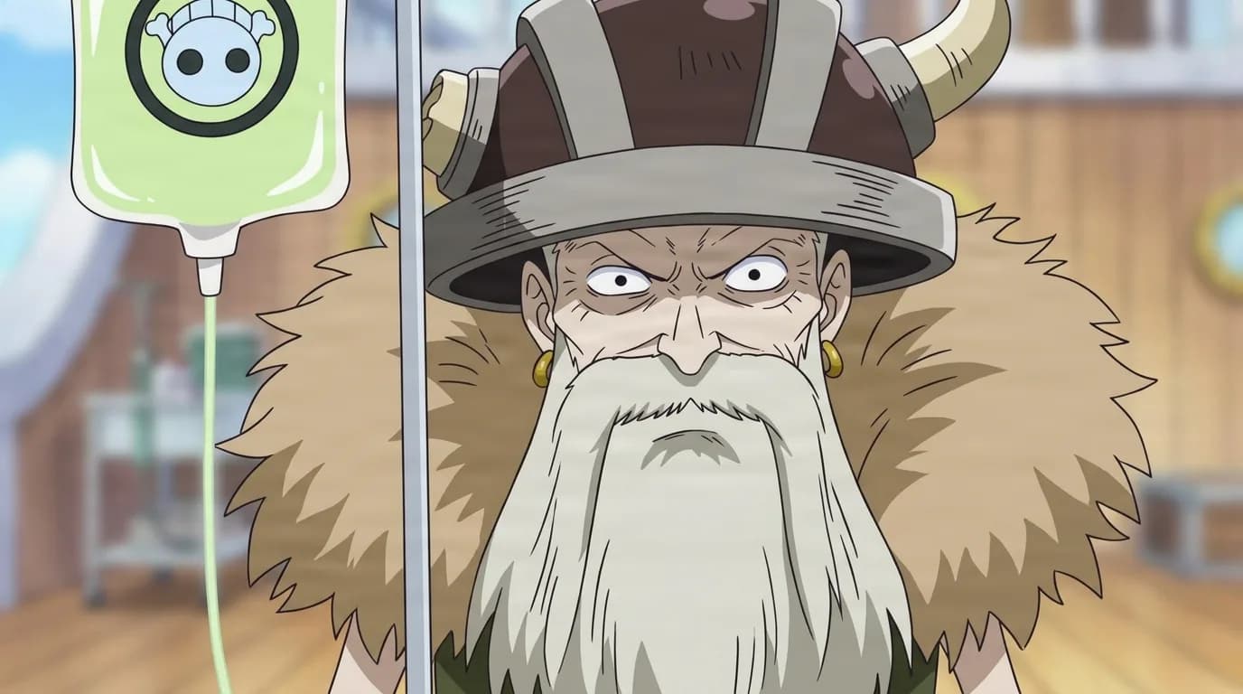 Byojack from One Piece in a close-framed cel-shaded anime scene with a detailed environment