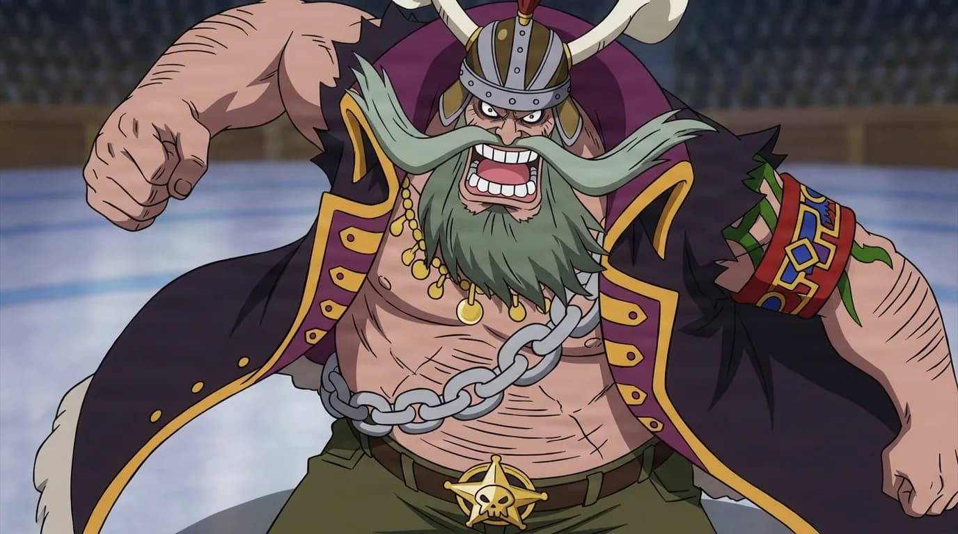 Byrnndi World from One Piece in a close-framed cel-shaded anime scene with a detailed environment