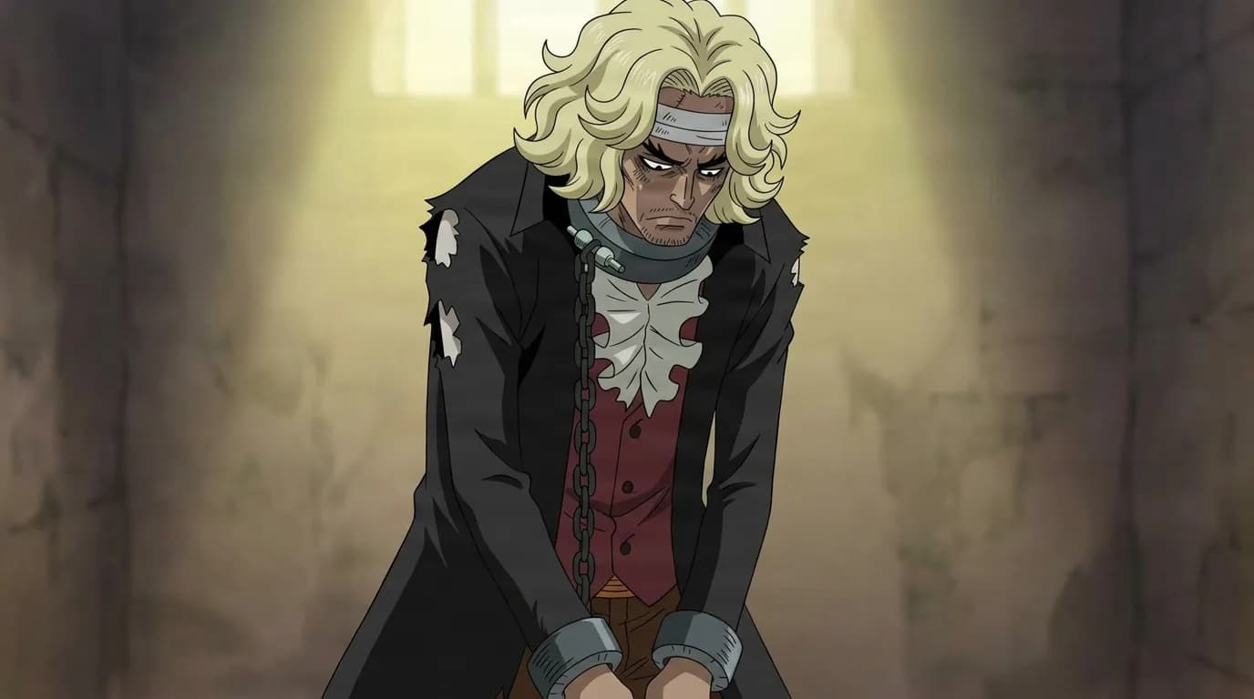 Byron de One Piece en una escena de anime de encuadre cerrado con sombreado cel y un entorno detallado.