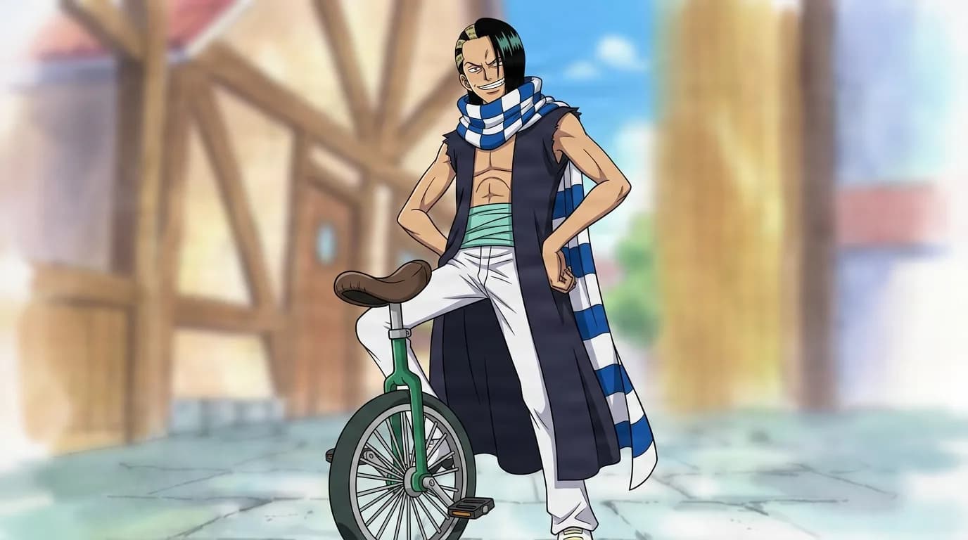 Cabaji the Acrobat from One Piece in a close-framed cel-shaded anime scene with a detailed environment