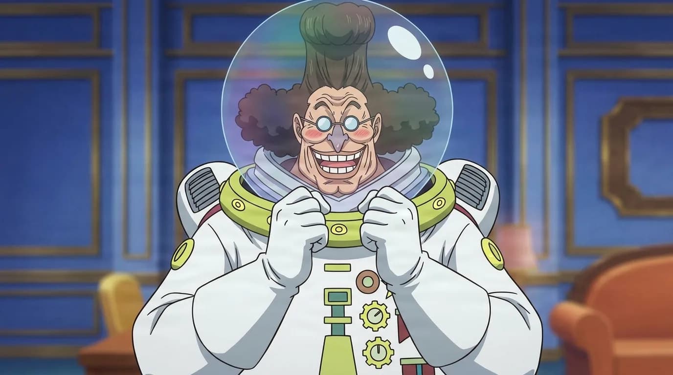 Saint Camael from One Piece in a close-framed cel-shaded anime scene with a detailed environment