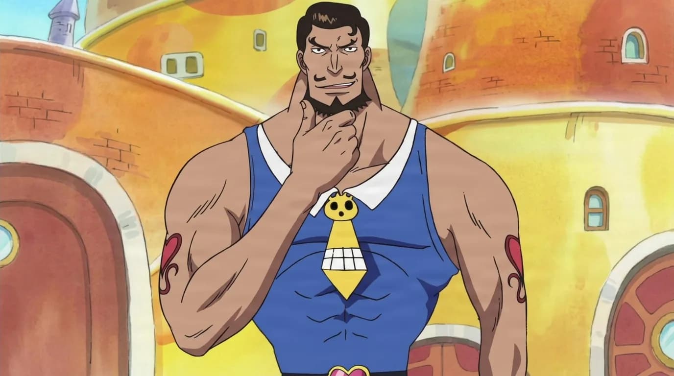 Campacino from One Piece in a close-framed cel-shaded anime scene with a detailed environment