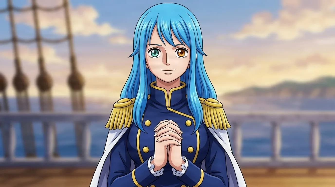 Candelle on a ship deck at sunset, long blue hair and mismatched eyes, hands clasped in a navy blue Marine coat