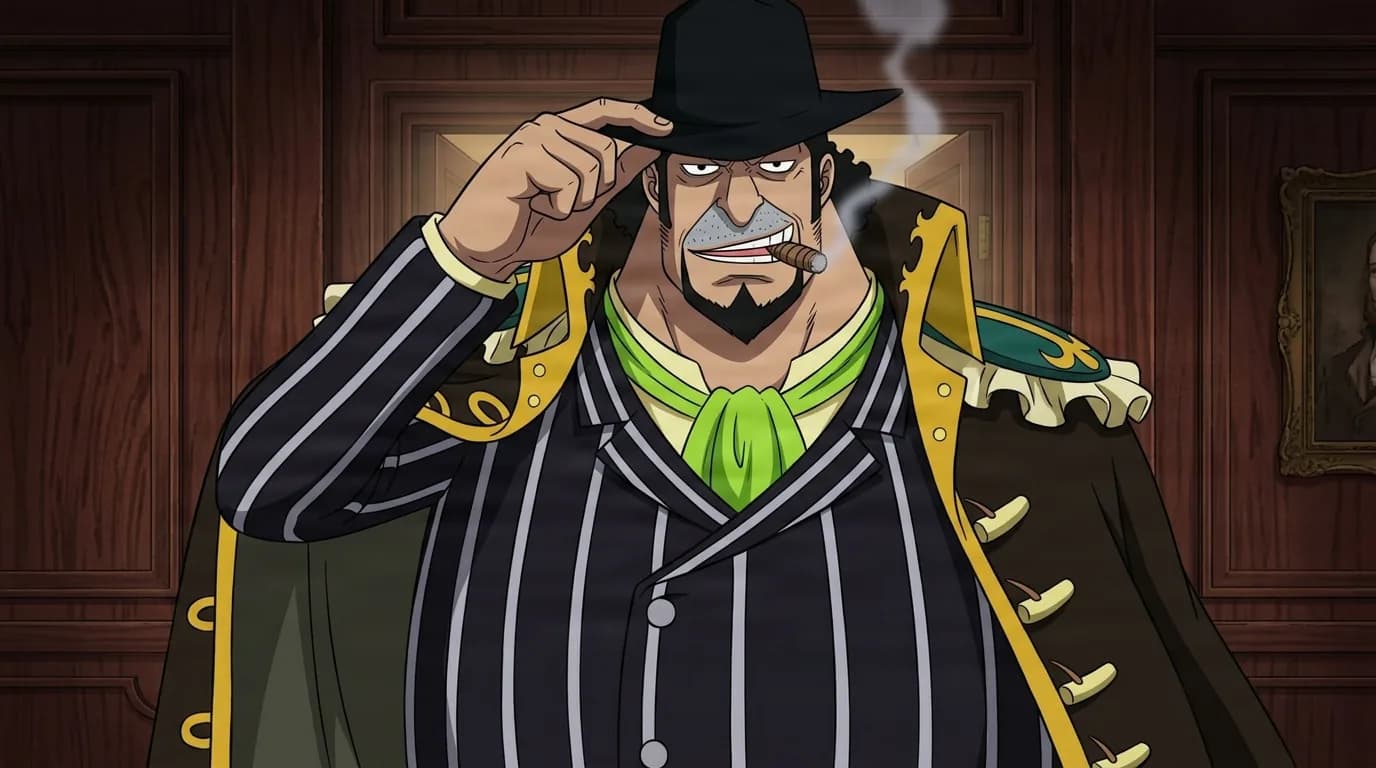 Stocky mafia-style captain in a black fedora and pinstriped suit with a green ascot bites a lit cigar and touches his hat brim inside a wood-panelled hall.