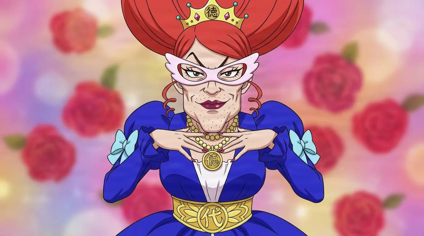 『ONE PIECE』のキャラクター、キャロライン。細部まで描き込まれた背景を伴う、クローズアップのセル画調アニメシーンとして描かれている。
