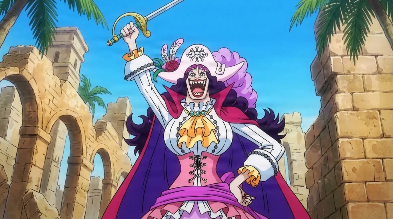 Purple haired pirate woman in a white skull emblem hat laughs while raising a slim rapier among sunlit stone ruins