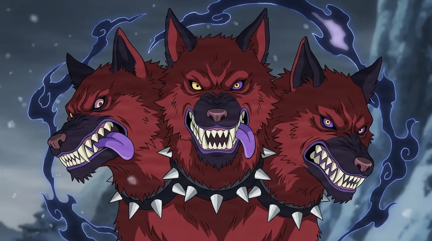 Cerberus from One Piece in a close-framed cel-shaded anime scene with a detailed environment