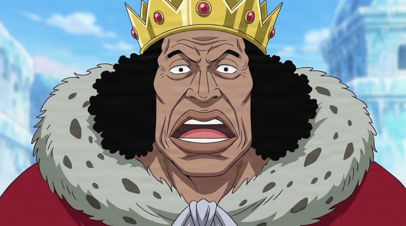 Cezar from One Piece in a close-framed cel-shaded anime scene with a detailed environment