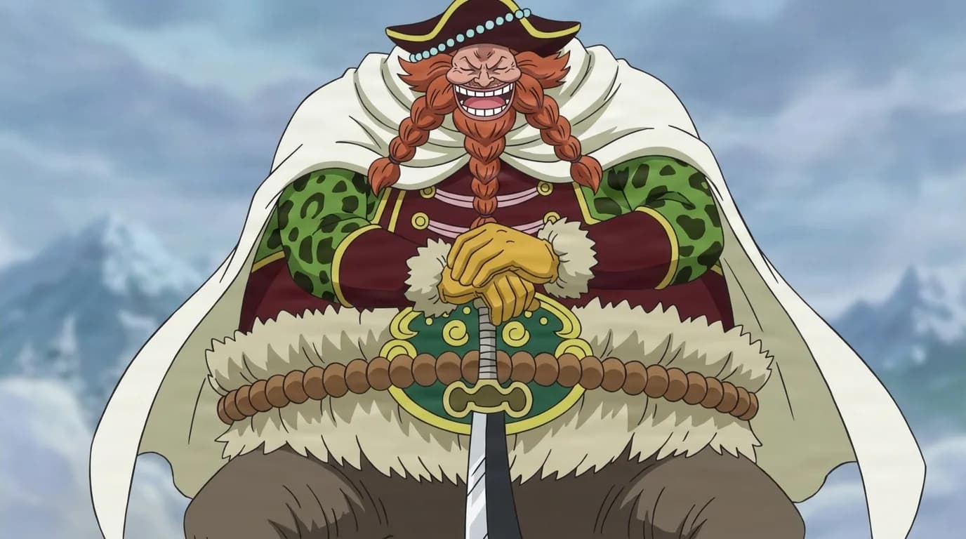 Chadros Higelyges from One Piece in a close-framed cel-shaded anime scene with a detailed environment