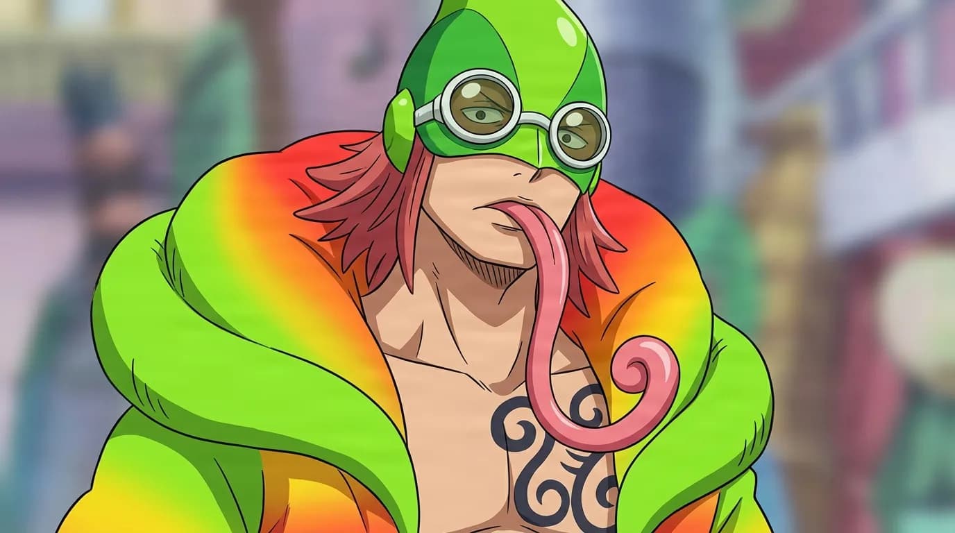 『ONE PIECE』のキャラクター、カメレオーネ。細部まで描き込まれた背景を伴う、クローズアップのセル画調アニメシーンとして描かれている。