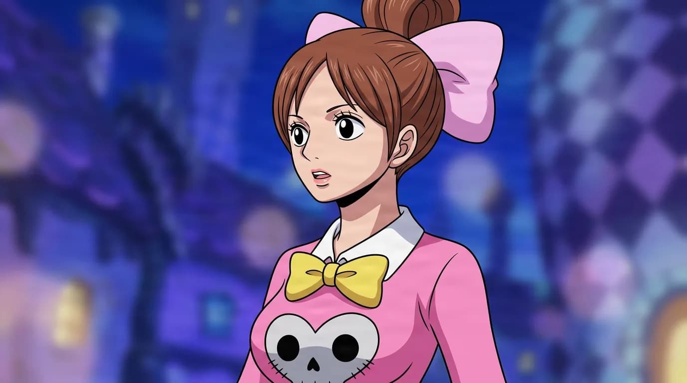 Charlotte Akimeg from One Piece in a close-framed cel-shaded anime scene with a detailed environment