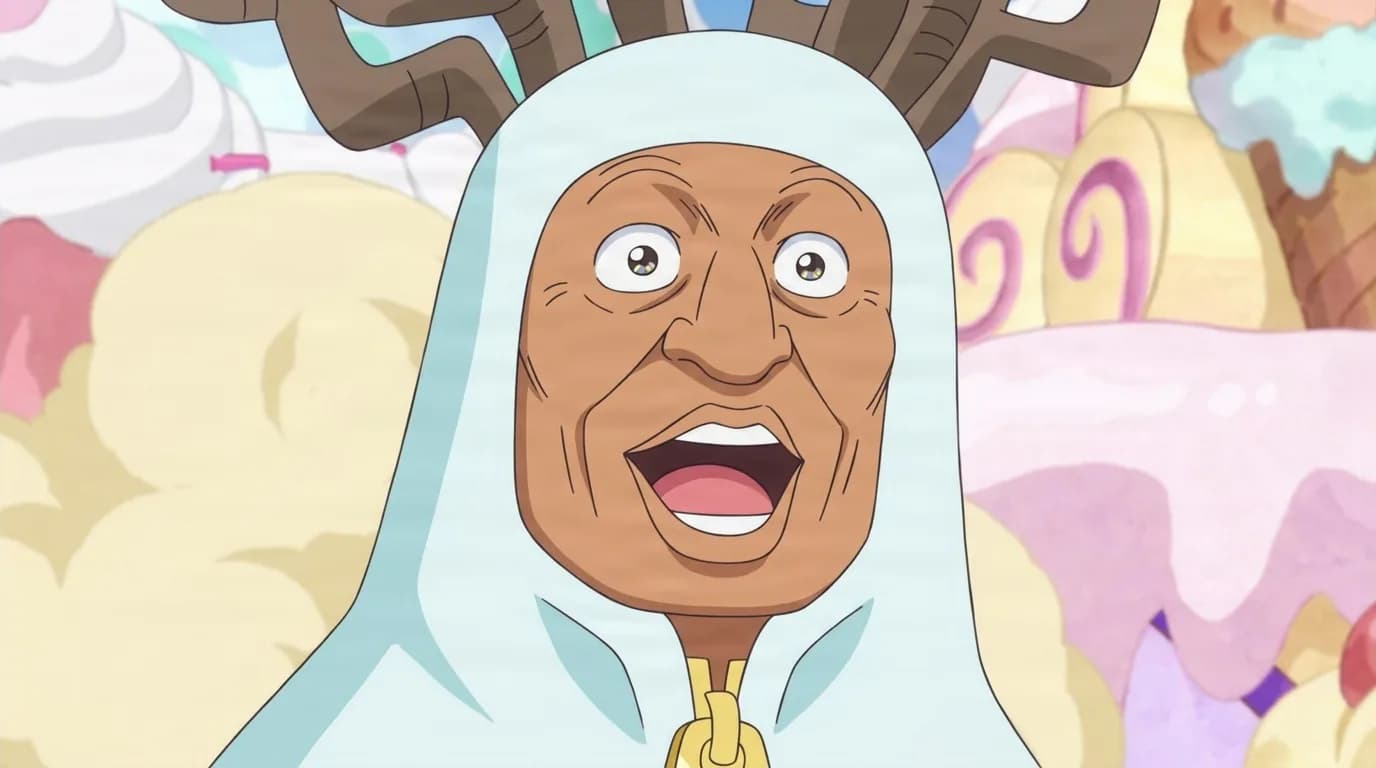 『ONE PIECE』のキャラクター、シャーロット・バサンズ。細部まで描き込まれた背景を伴う、クローズアップのセル画調アニメシーンとして描かれている。