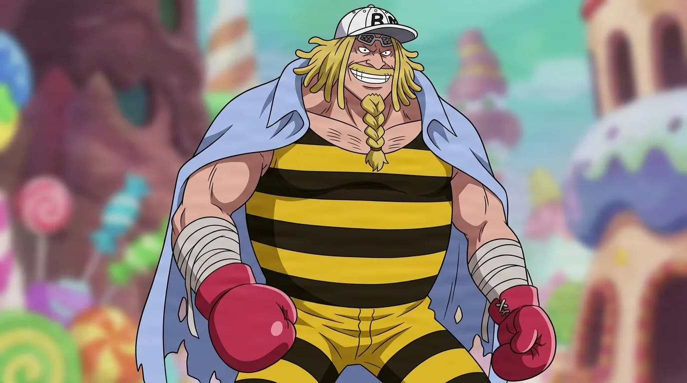 Charlotte Bavarois from One Piece in a close-framed cel-shaded anime scene with a detailed environment