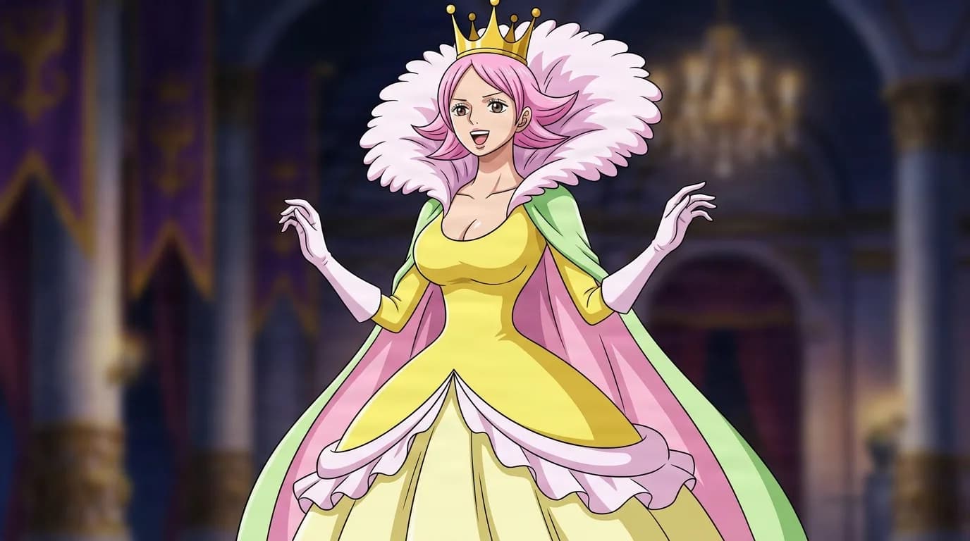 Charlotte Broyé from One Piece in a close-framed cel-shaded anime scene with a detailed environment