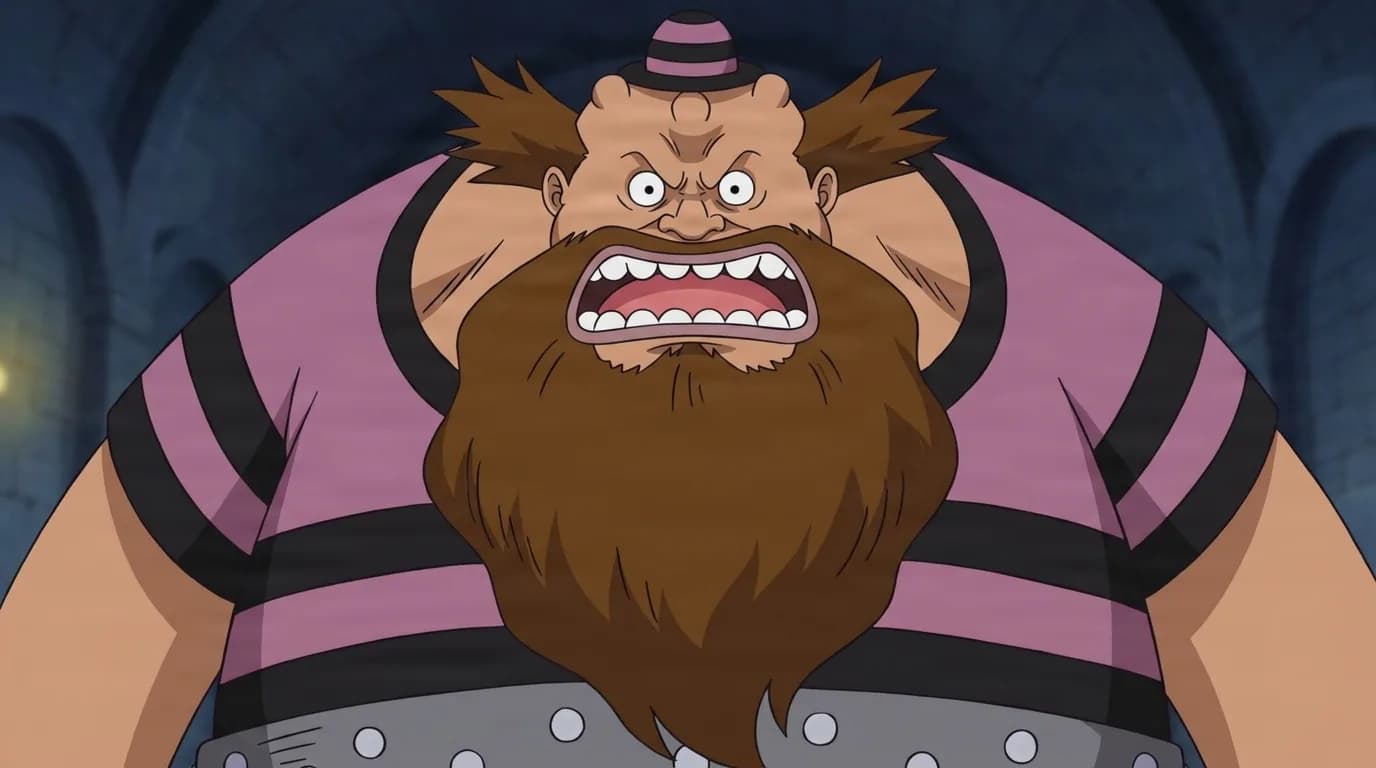 『ONE PIECE』のキャラクター、シャーロット・カデンツァ。細部まで描き込まれた背景を伴う、クローズアップのセル画調アニメシーンとして描かれている。