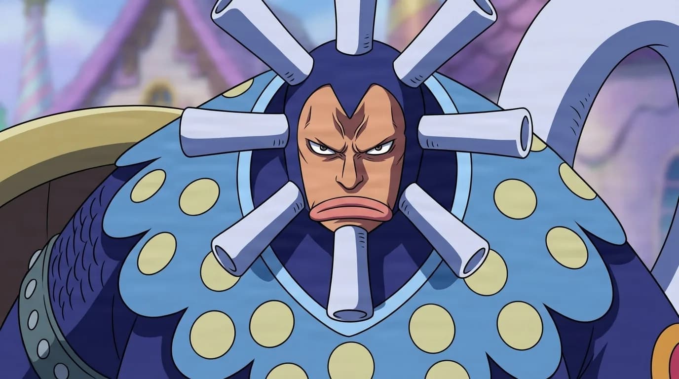 Charlotte Chiboust de One Piece dans une scène animée en cel-shading, cadrée en plan serré, avec un environnement détaillé