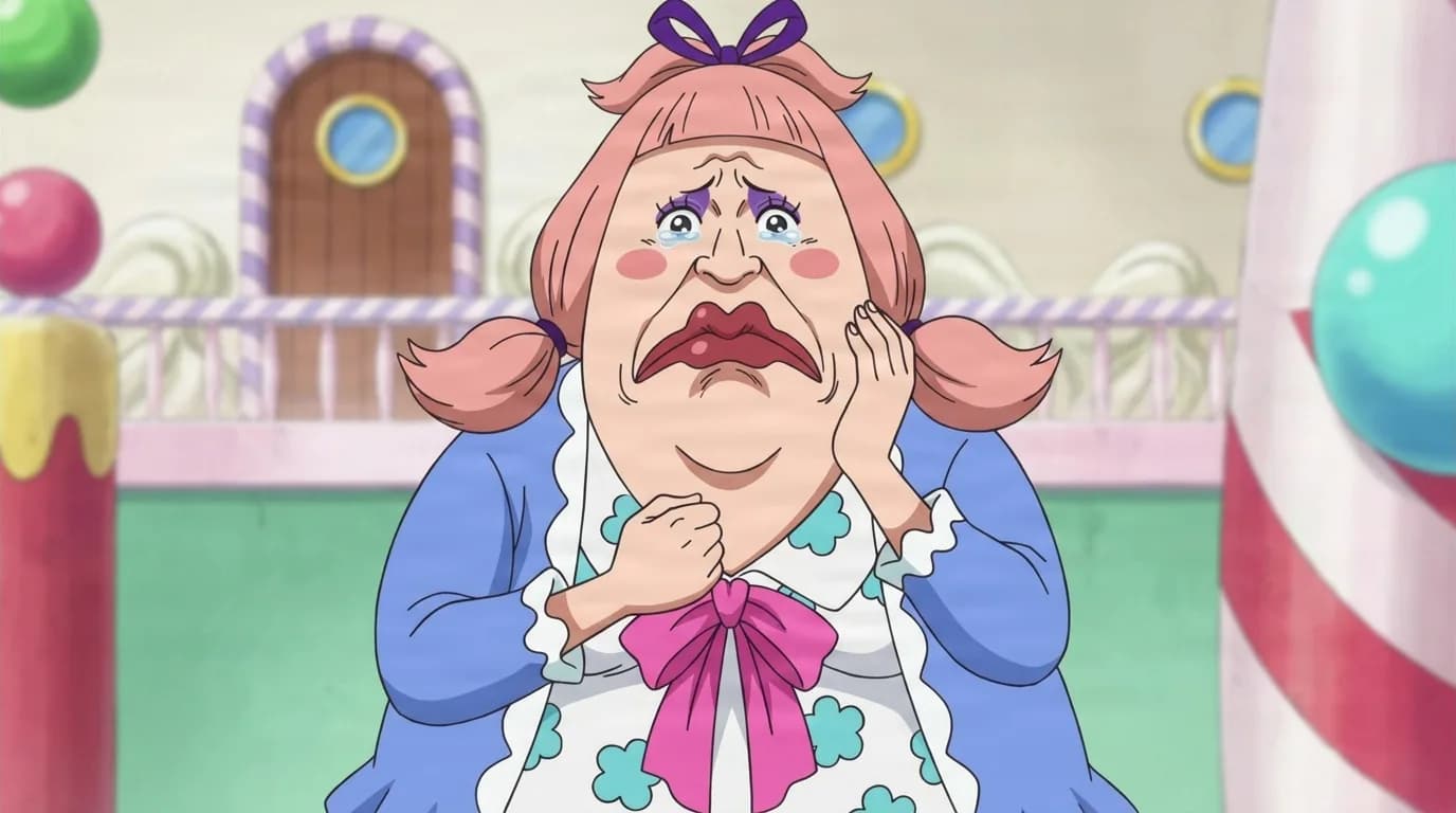 Charlotte Chiffon from One Piece in a close-framed cel-shaded anime scene with a detailed environment
