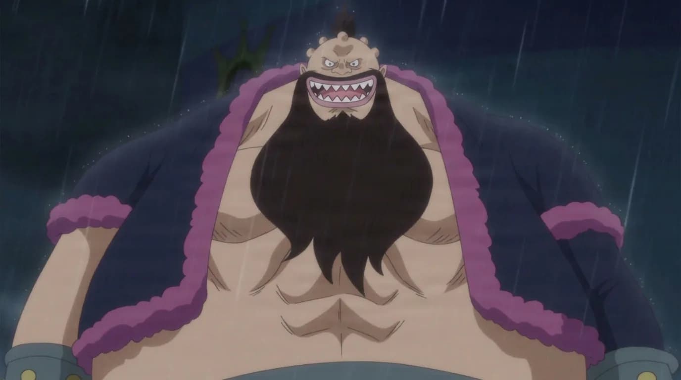 Charlotte Counter from One Piece in a close-framed cel-shaded anime scene with a detailed environment