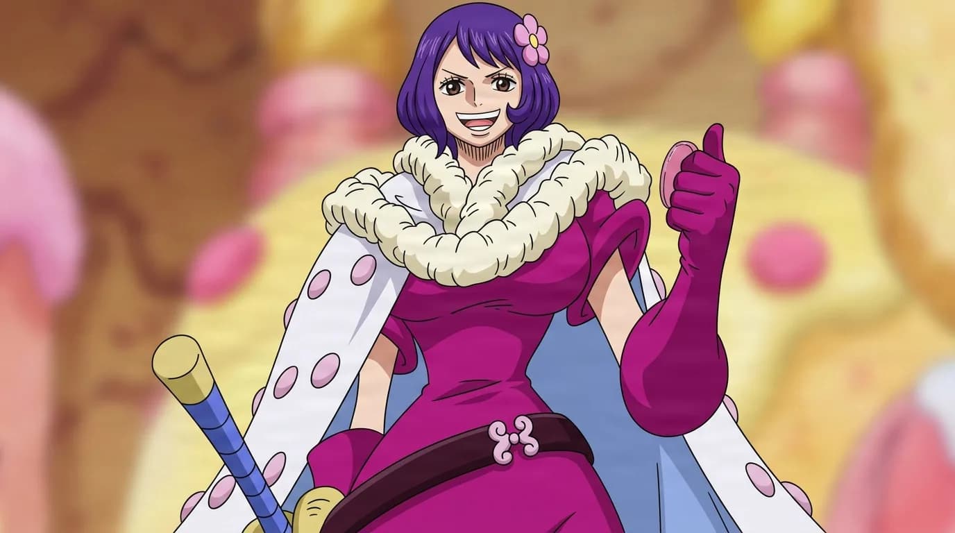 Charlotte Custard from One Piece in a close-framed cel-shaded anime scene with a detailed environment