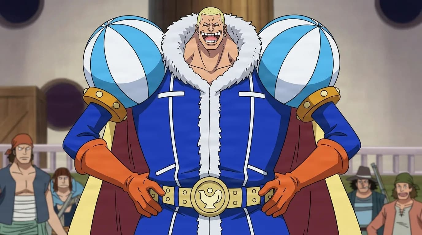 Charlotte Daifuku from One Piece in a close-framed cel-shaded anime scene with a detailed environment