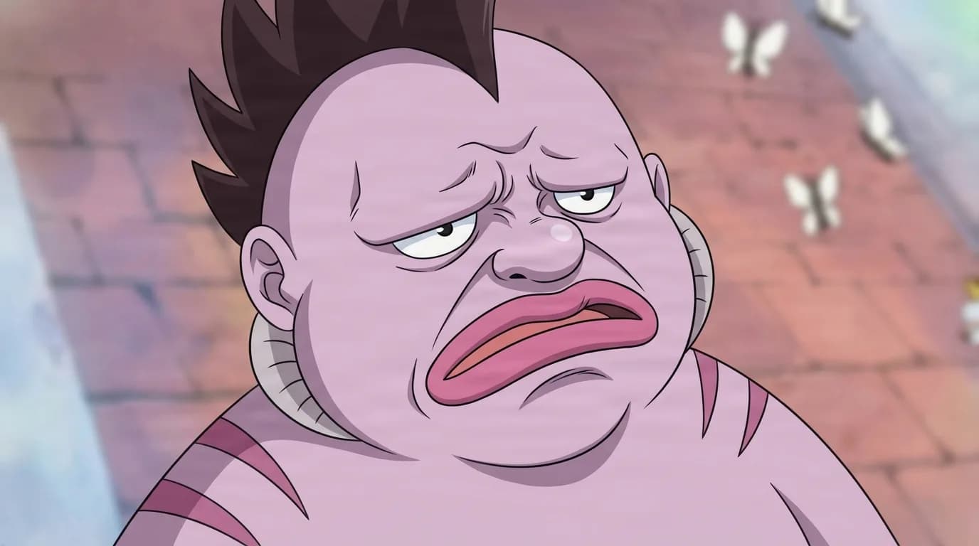 Charlotte De-Chat from One Piece in a close-framed cel-shaded anime scene with a detailed environment