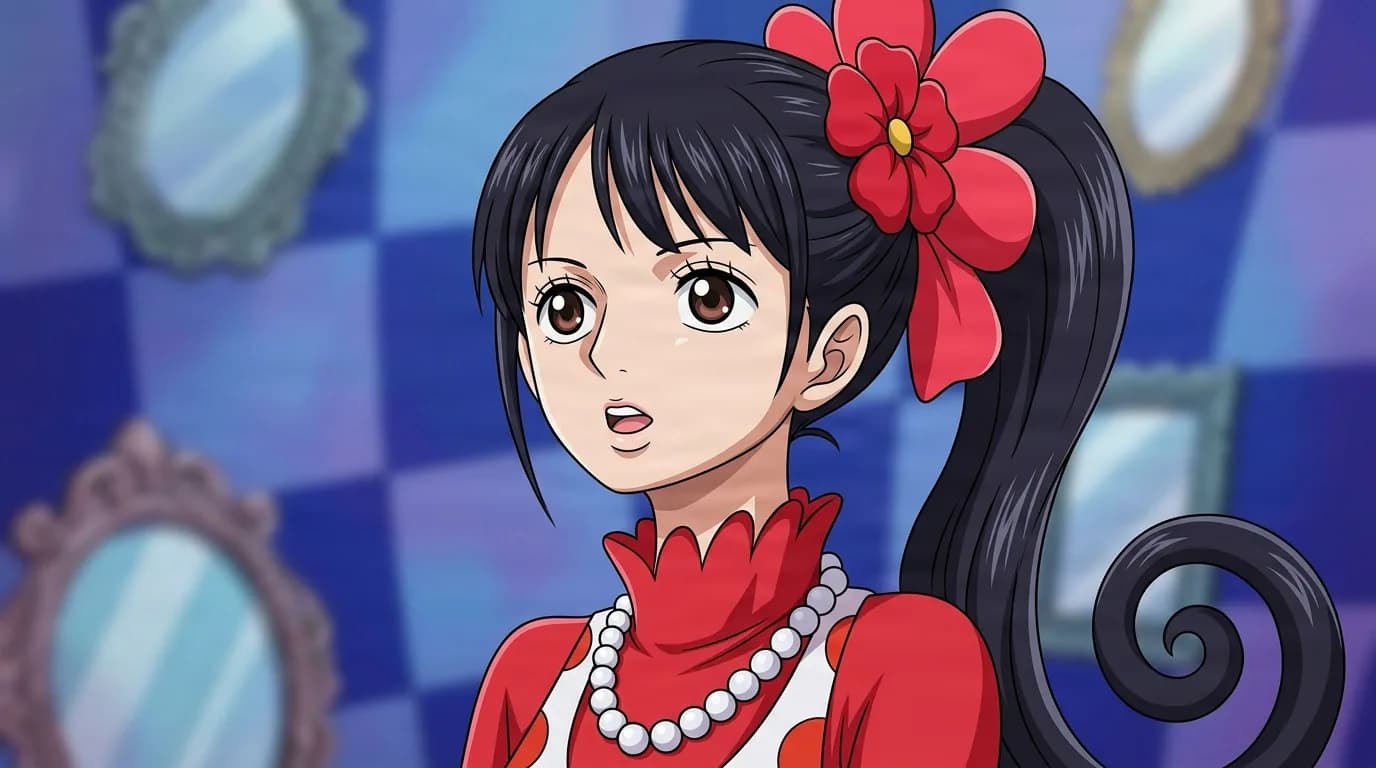 Charlotte Flampe from One Piece in a close-framed cel-shaded anime scene with a detailed environment