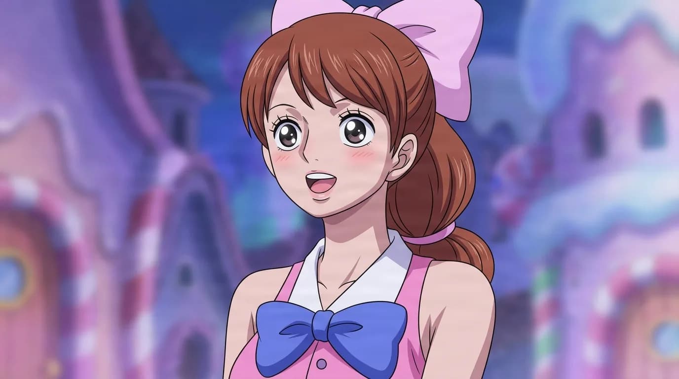 Charlotte Fuyumeg from One Piece in a close-framed cel-shaded anime scene with a detailed environment