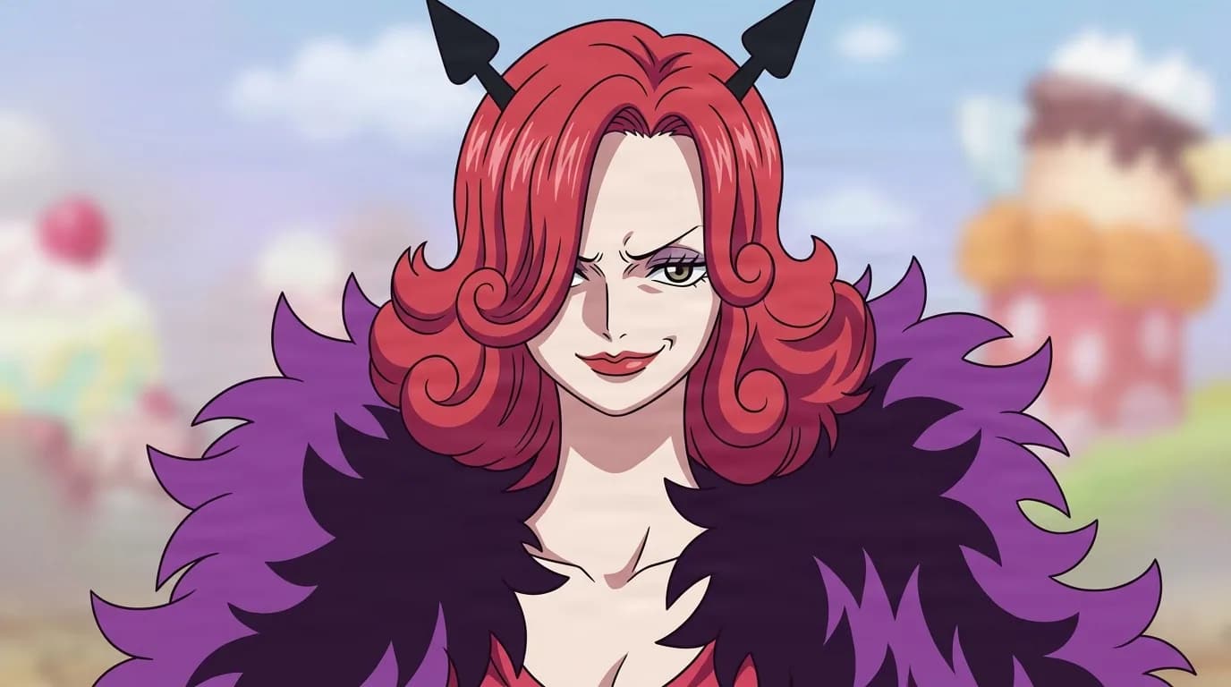 Charlotte Galette from One Piece in a close-framed cel-shaded anime scene with a detailed environment