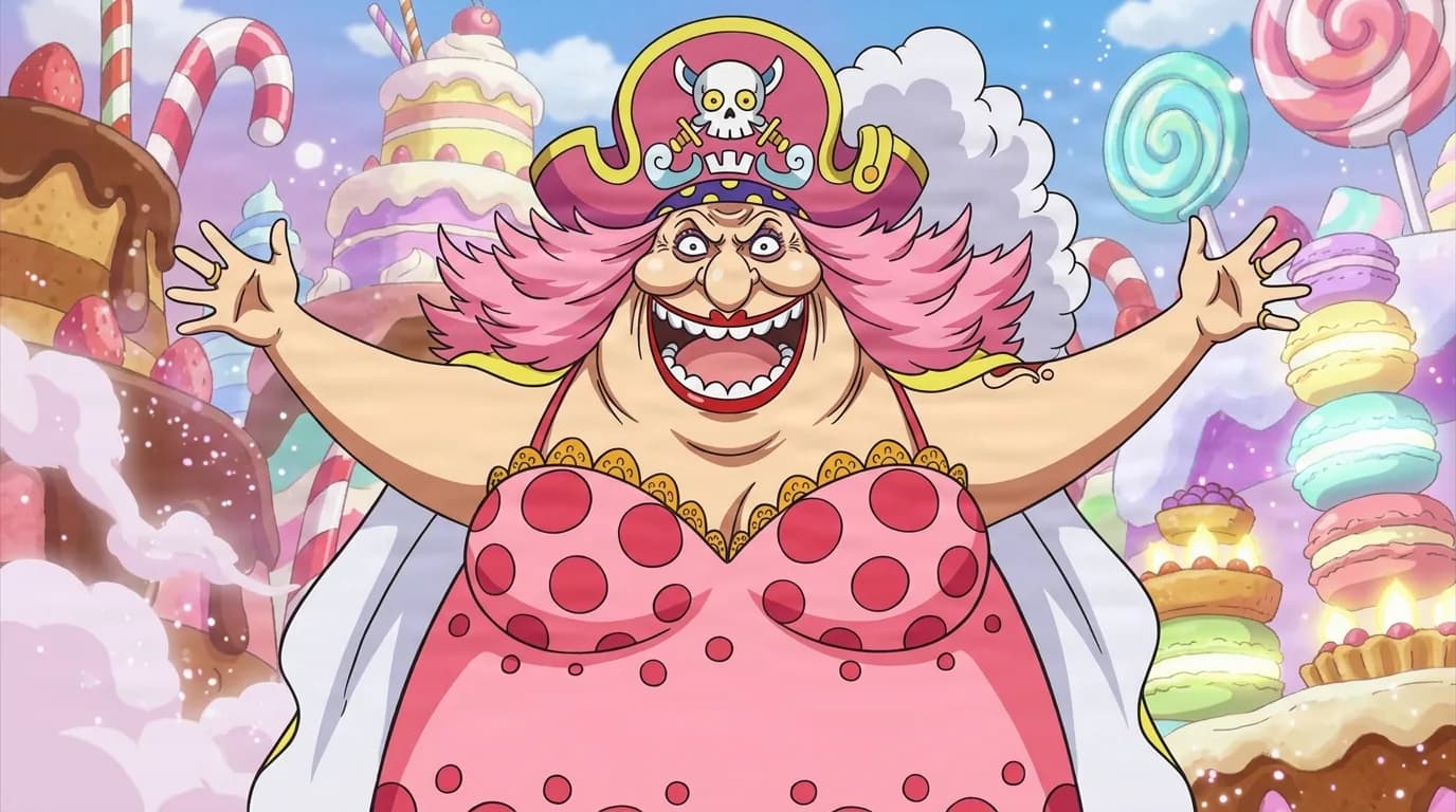 Enormous pink-haired woman in a skull pirate hat and pink polka-dot dress throws her arms wide with a wild open-mouthed grin amid a landscape of giant candy, cakes and lollipops.