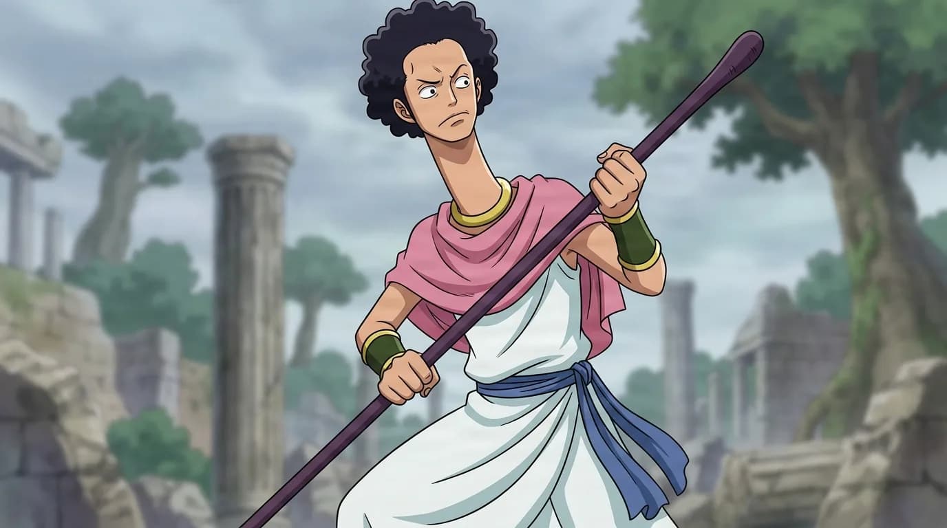 Charlotte Mascarpone from One Piece in a close-framed cel-shaded anime scene with a detailed environment