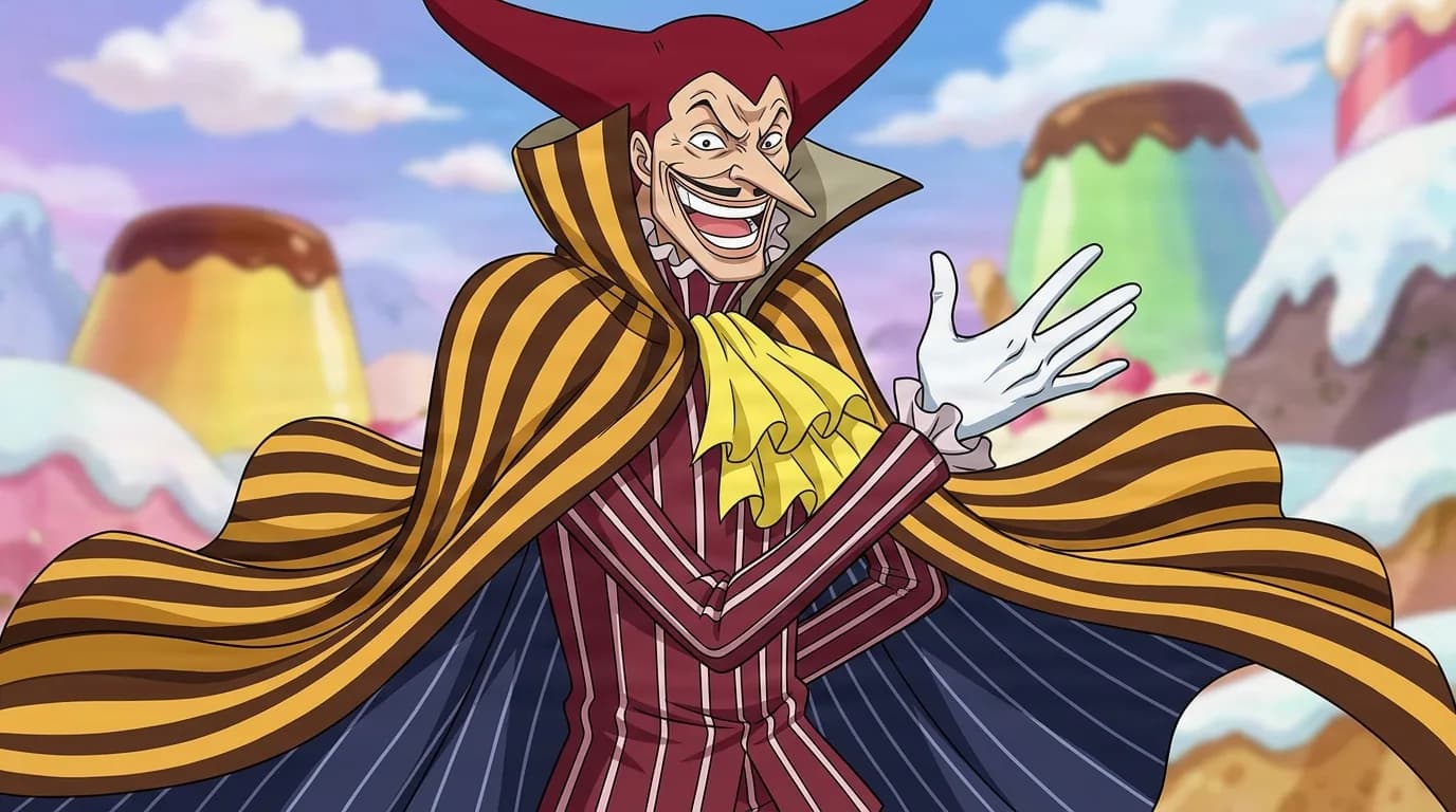 Charlotte Mobile from One Piece in a close-framed cel-shaded anime scene with a detailed environment