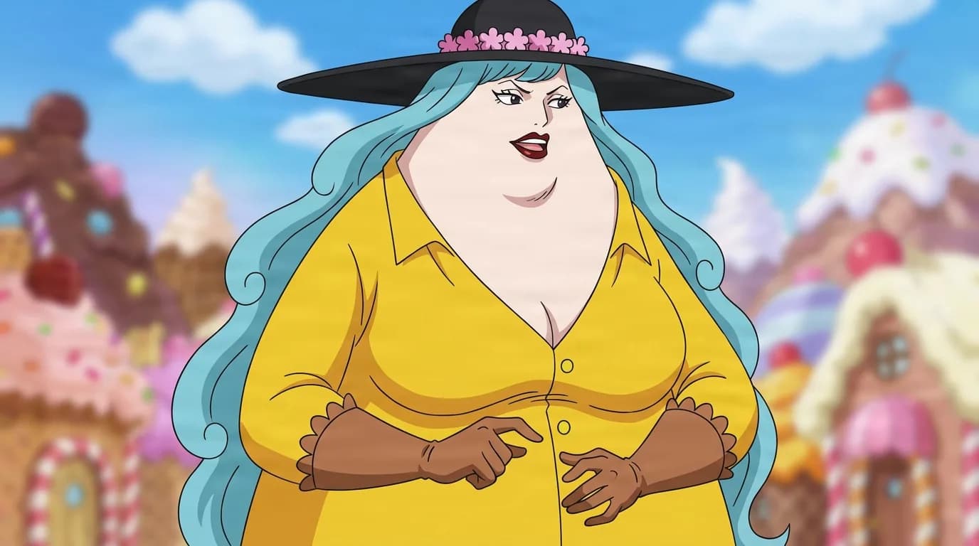 Charlotte Mondée from One Piece in a close-framed cel-shaded anime scene with a detailed environment