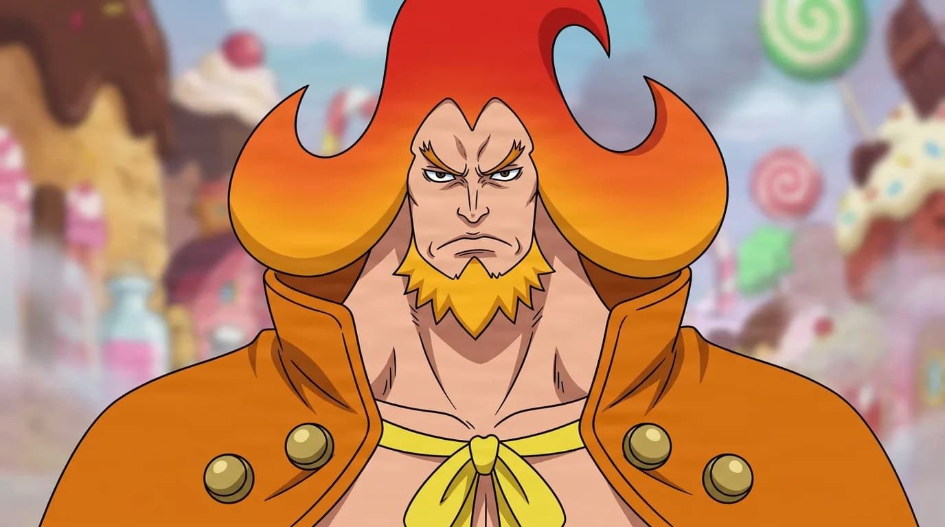 Charlotte Oven from One Piece in a close-framed cel-shaded anime scene with a detailed environment