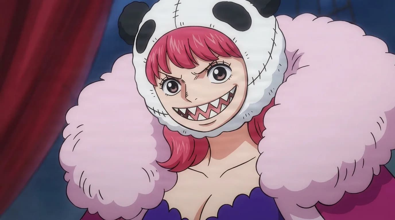 Charlotte Poire from One Piece in a close-framed cel-shaded anime scene with a detailed environment