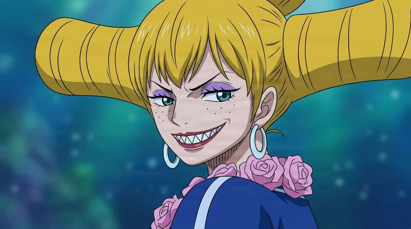 Charlotte Praline from One Piece in a close-framed cel-shaded anime scene with a detailed environment
