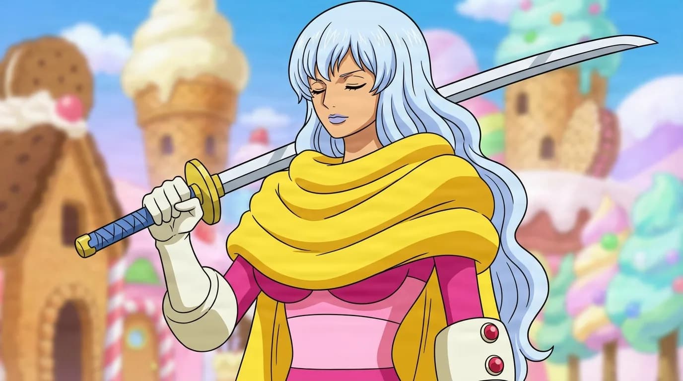 امرأة طويلة ذات شعر متموّج فاتح طويل تسند كاتانا على كتفها وعيناها مغمضتان، مرتدية شالًا أصفر وبريًا فوق زيّ وردي مخطّط أمام أفق مدينة حلوى