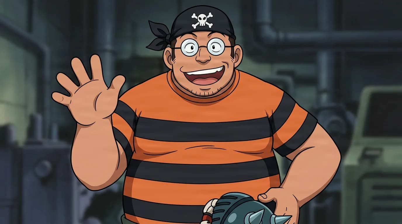 Chico from One Piece in a close-framed cel-shaded anime scene with a detailed environment