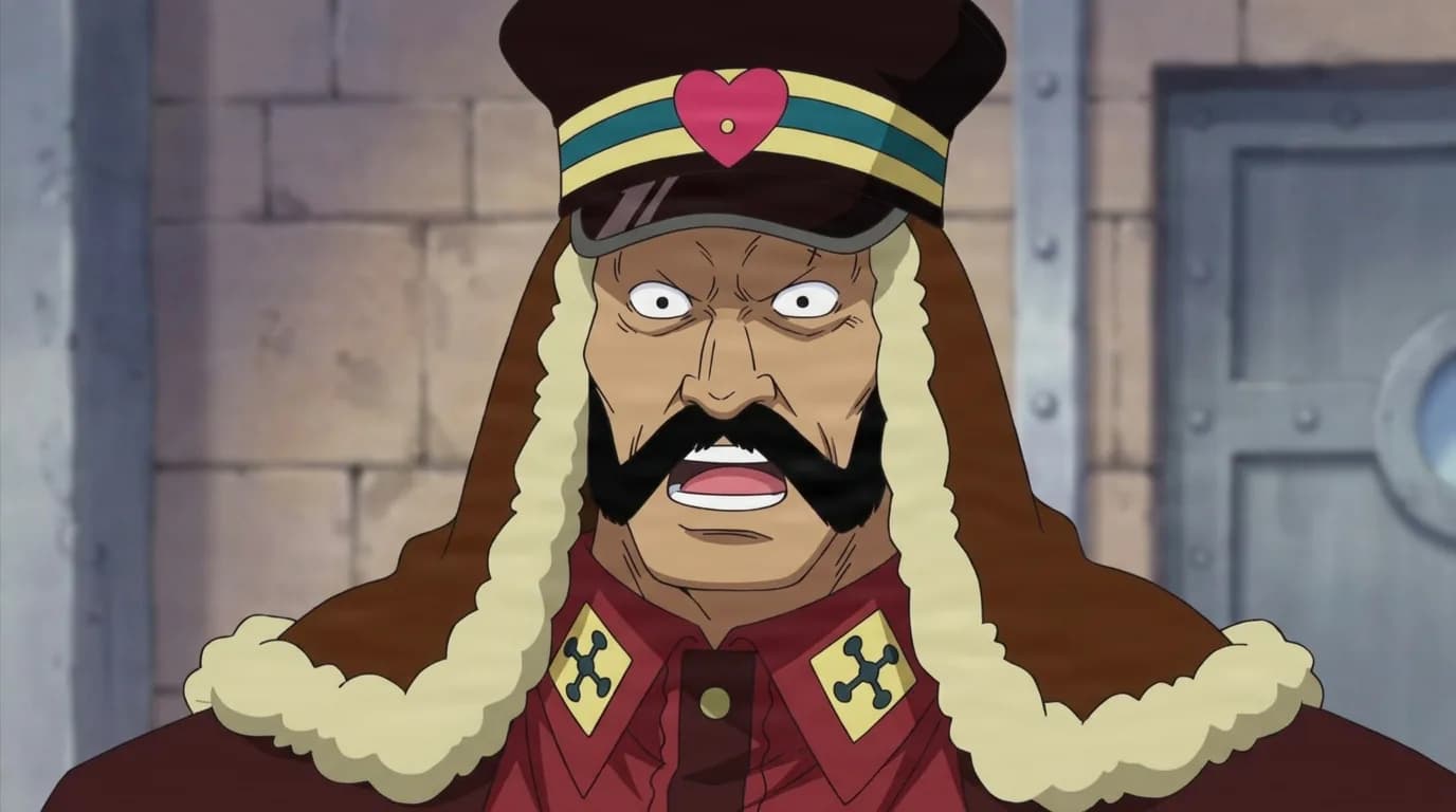 Chief (Tequila Wolf) from One Piece in a close-framed cel-shaded anime scene with a detailed environment