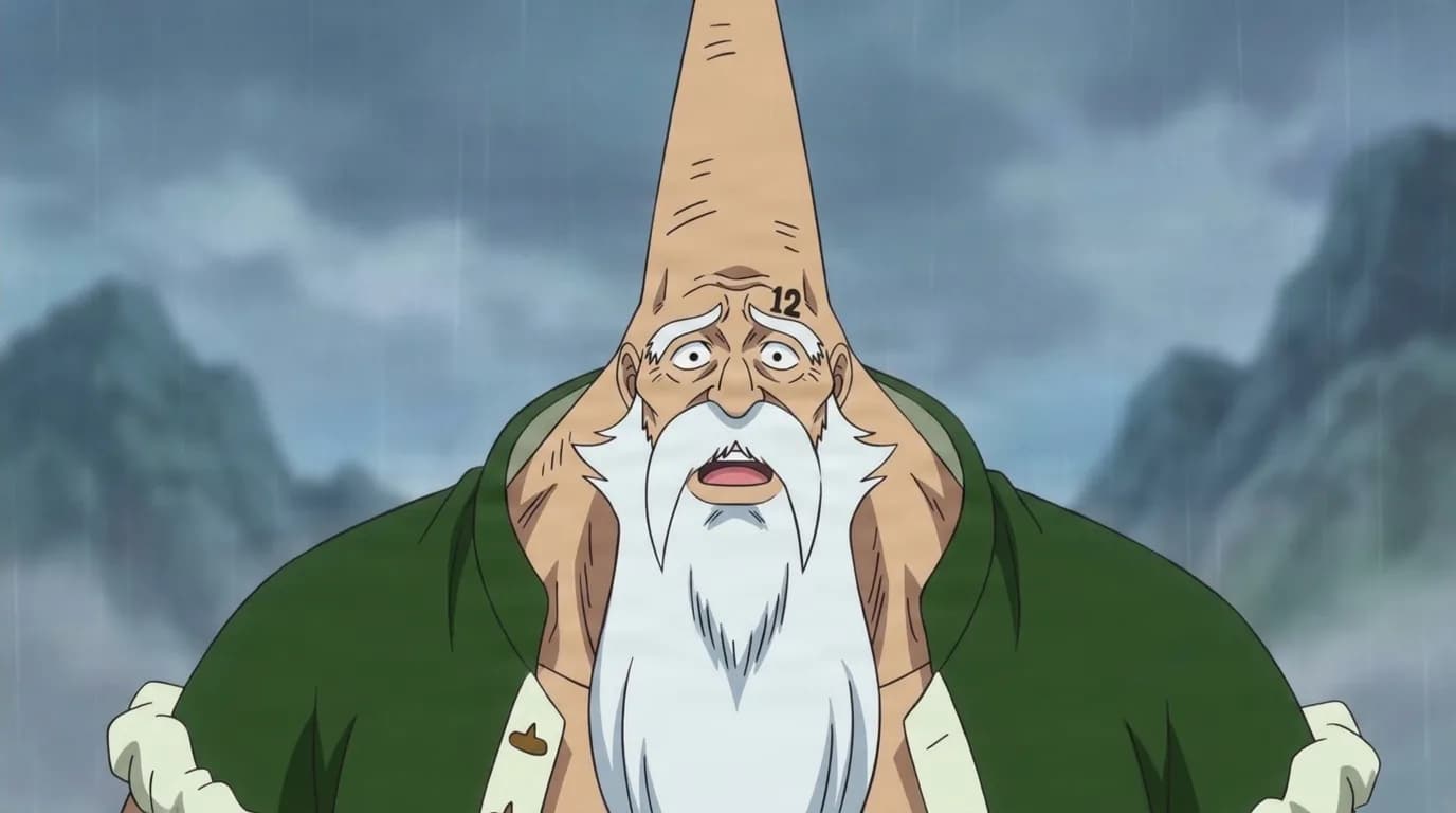 Chinjao from One Piece in a close-framed cel-shaded anime scene with a detailed environment