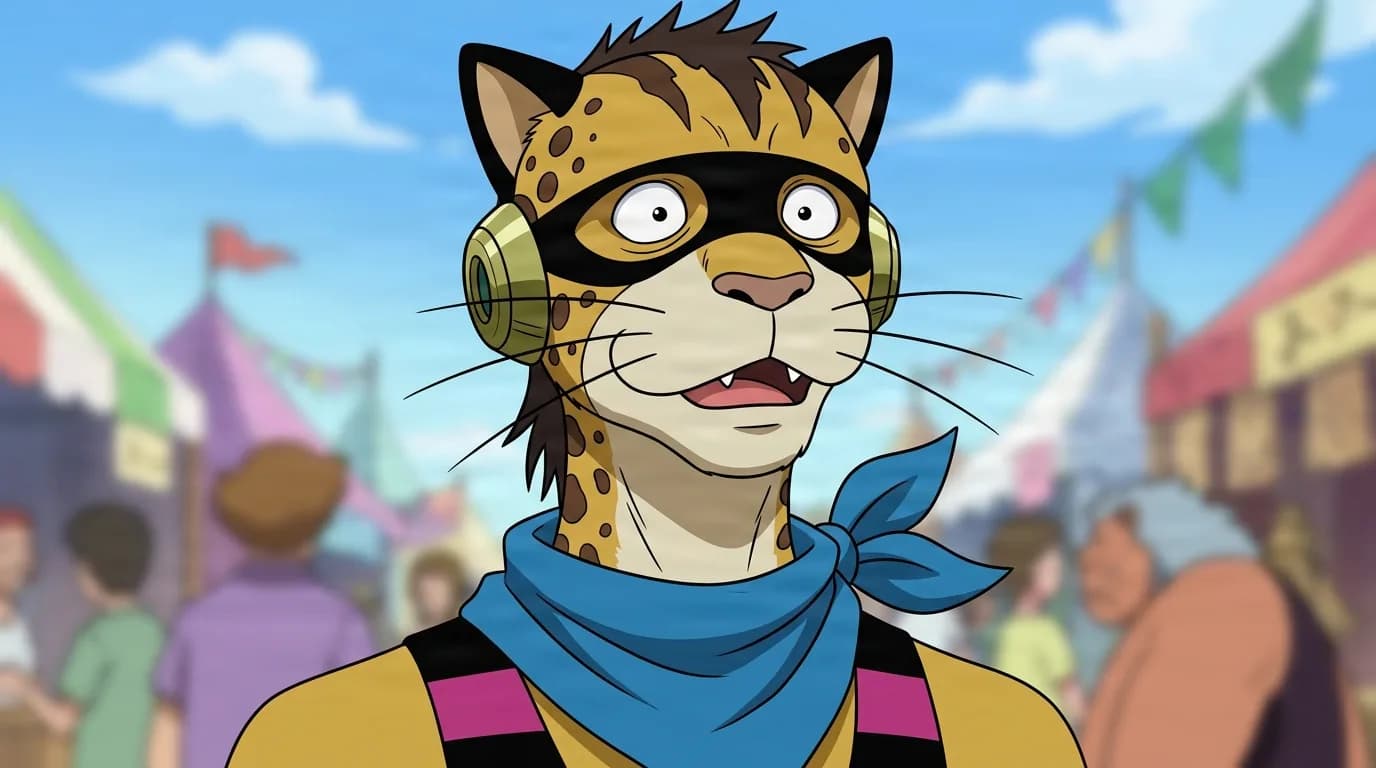 Chiqicheetah de One Piece dans une scène animée en cel-shading, cadrée en plan serré, avec un environnement détaillé