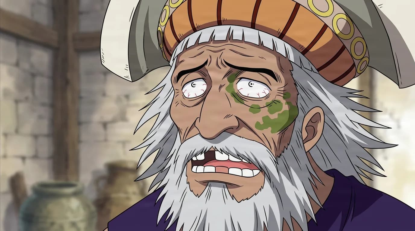 『ONE PIECE』のキャラクター、チヤ。細部まで描き込まれた背景を伴う、クローズアップのセル画調アニメシーンとして描かれている。