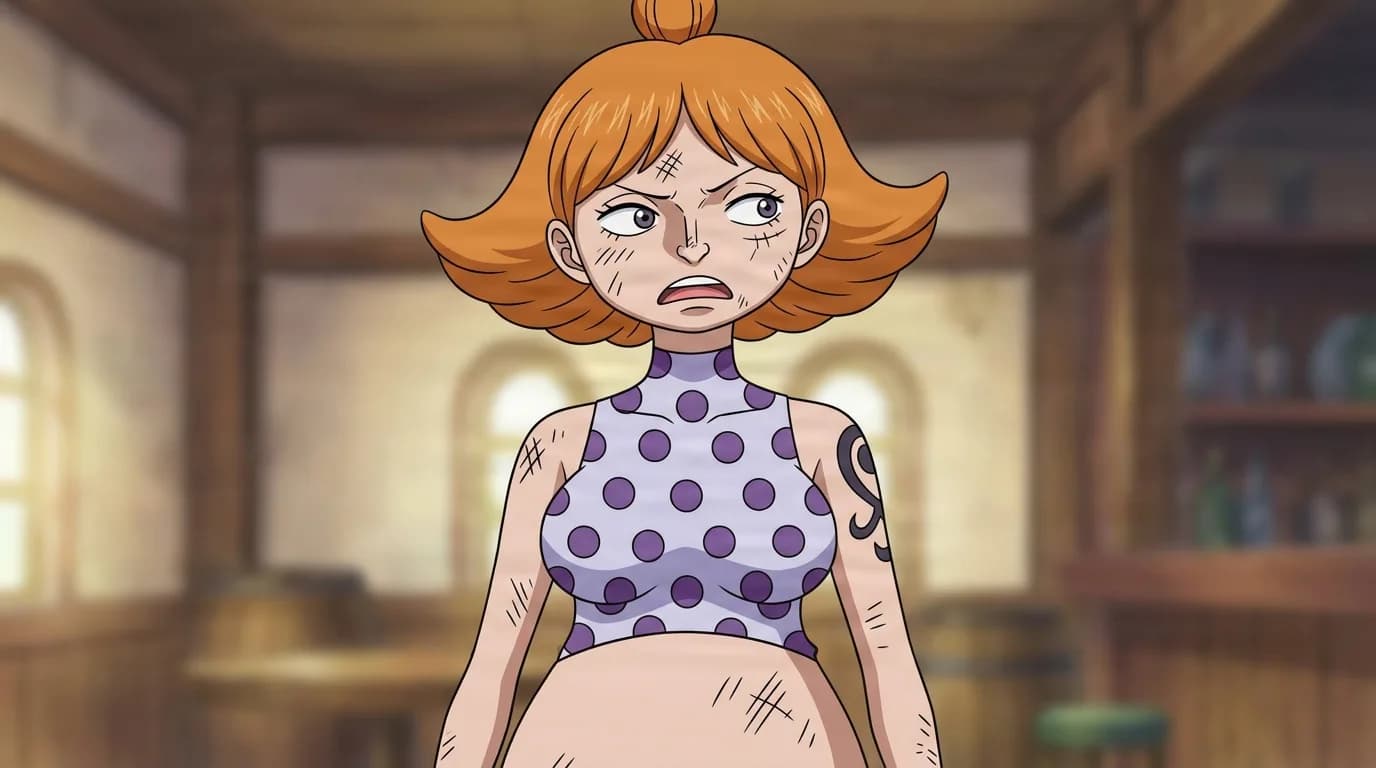 Chocolat from One Piece in a close-framed cel-shaded anime scene with a detailed environment